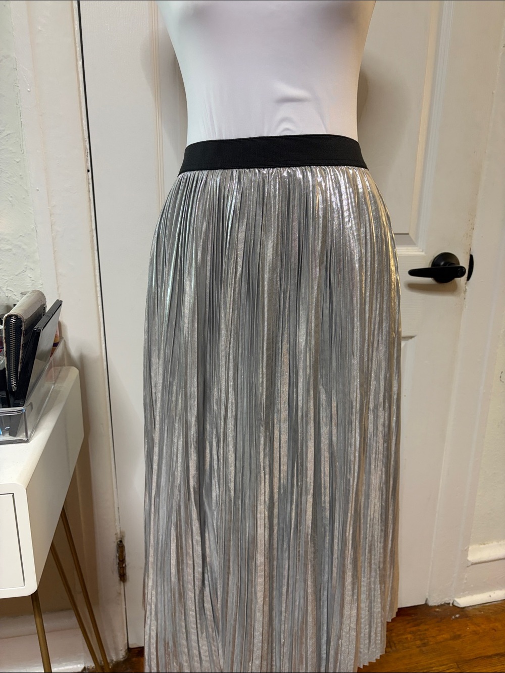 INC International Concepts Silver Pleated Maxi Skirt with Black Waistband - Picture 1 of 6